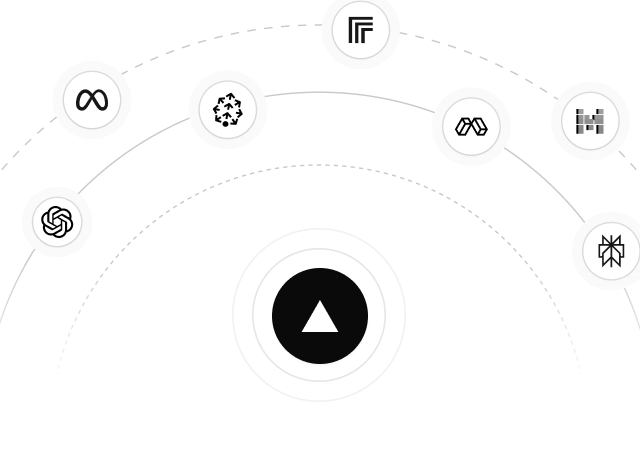 3 sequentially growing orbit rings with icons of various AI vendors on each ring. The Vercel logo is centered on the inner most ring, emphasising the Vercel AI Marketplace.